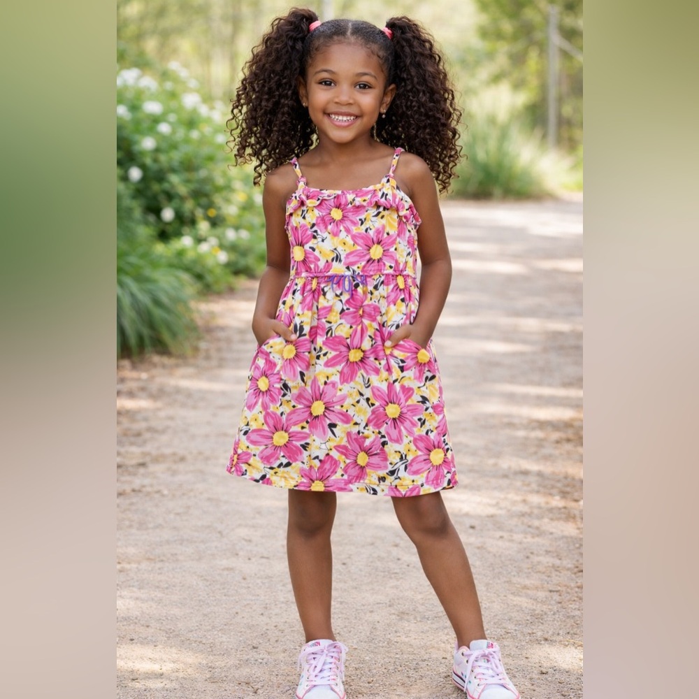 🌸 Pogo Club Girls Pink & Yellow Floral Cotton Sundress | Size L (14/16)